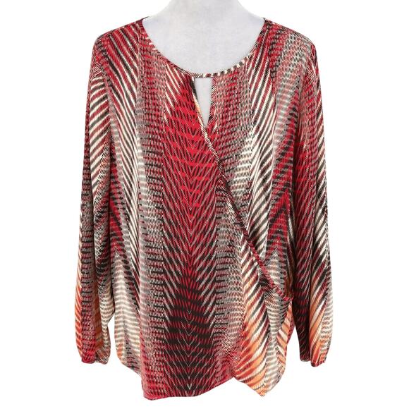 Chicos Top 3 Womens XL 16 Red Beige Faux Wrap Crinkle Bubble Hem Blouse - Picture 1 of 11
